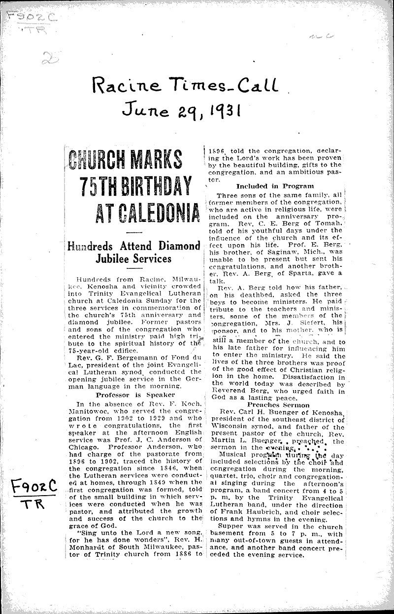  Source: Racine Times Call Topics: Church History Date: 1931-06-29