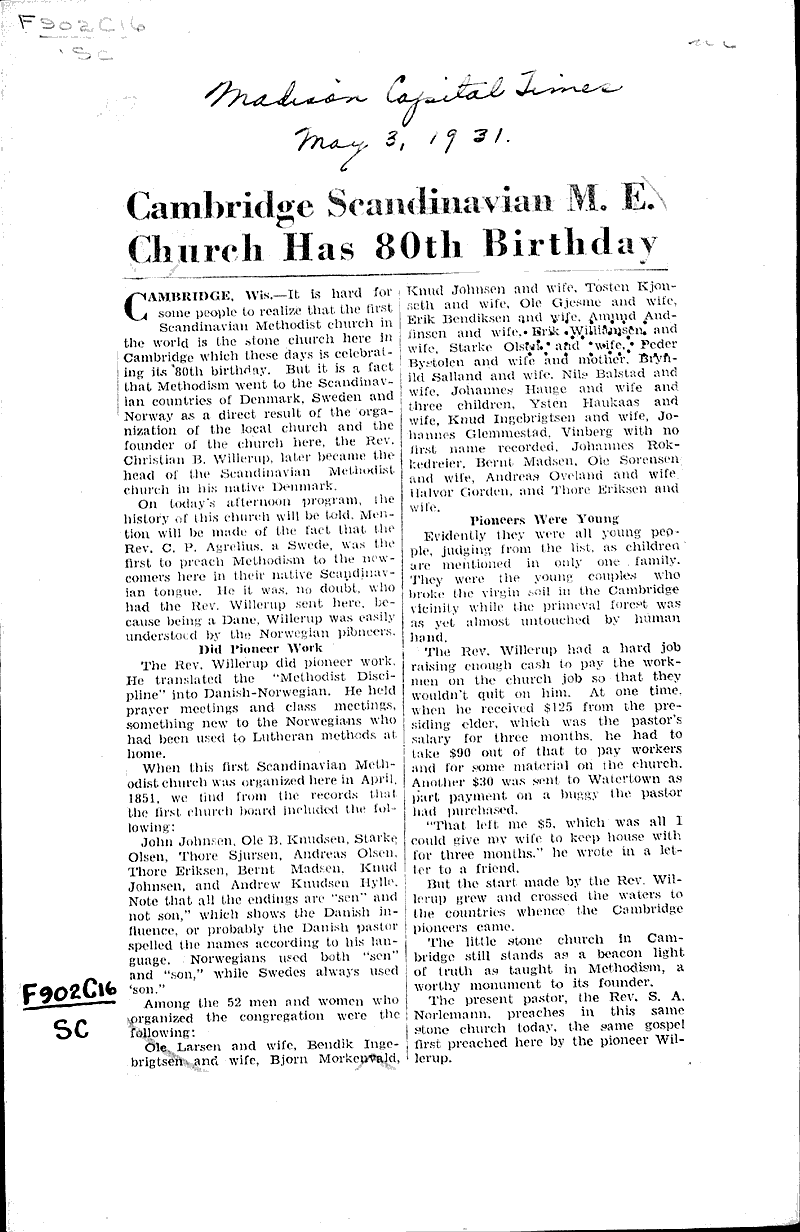  Source: Madison Capital Times Topics: Church History Date: 1931-05-03