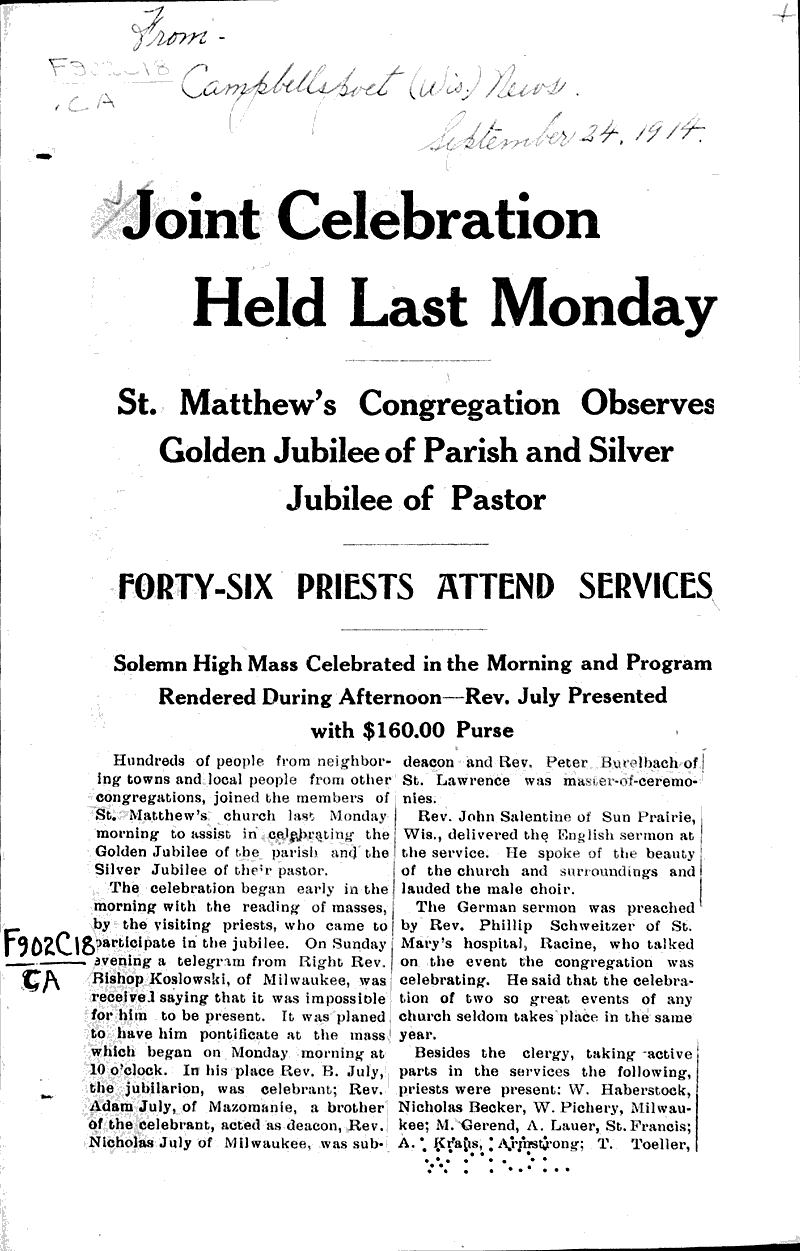  Source: Campbellsport News Topics: Church History Date: 1914-09-24