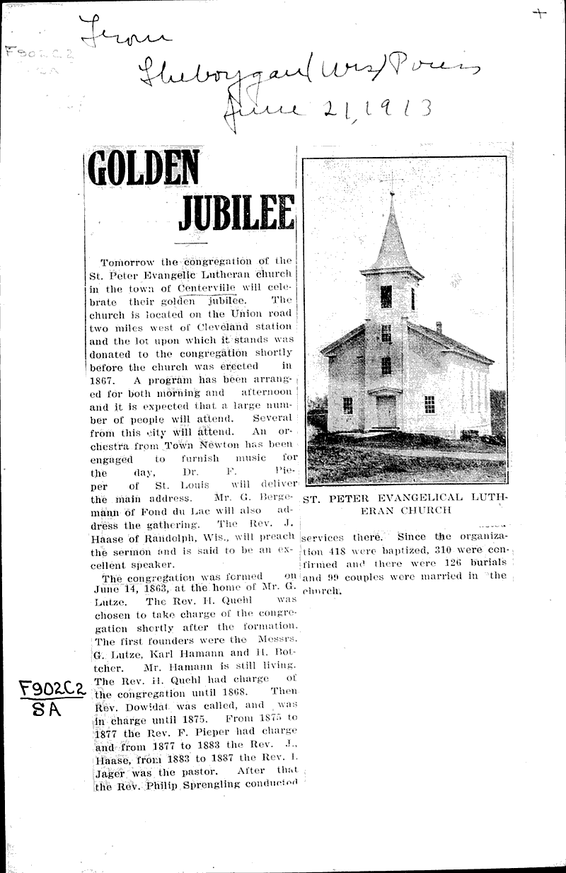  Source: Sheboygan Press Topics: Church History Date: 1913-06-21