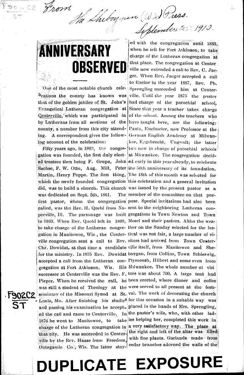  Source: Sheboygan Press Topics: Church History Date: 1910-09-24