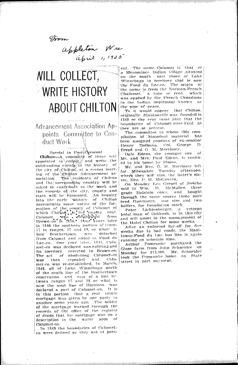  Source: Appleton Post-Crescent Date: 1925-04-01