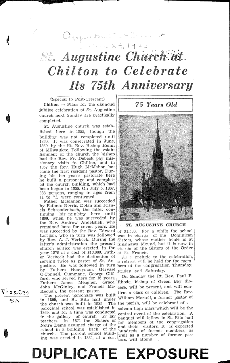  Source: Appleton Post-Crescent Topics: Church History Date: 1933-10-24