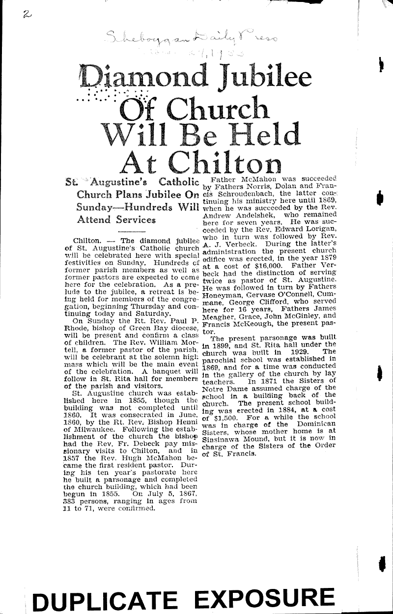  Source: Sheboygan Daily Press Topics: Church History Date: 1933-10-27