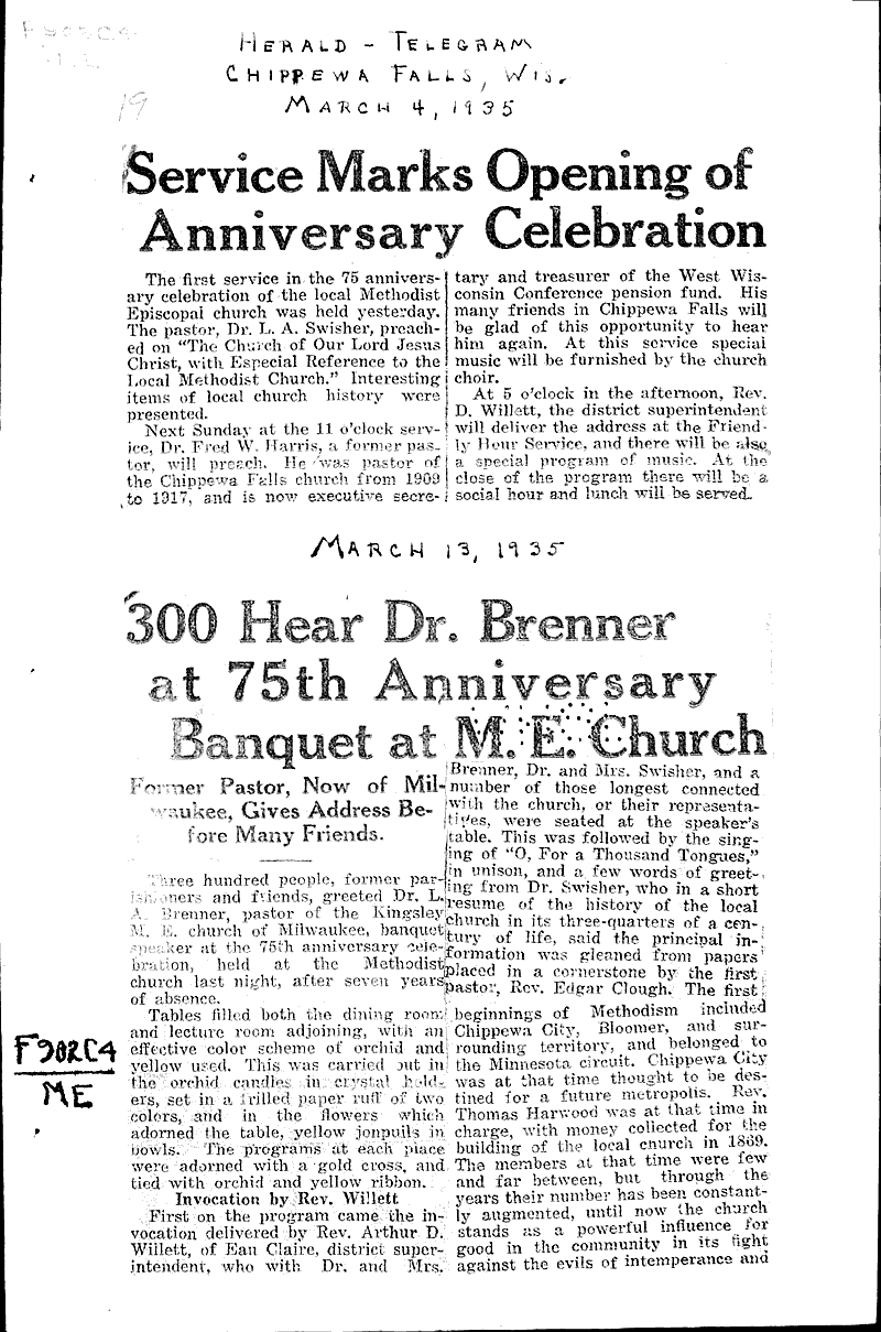  Source: Chippewa Herald-Telegram Topics: Church History Date: 1935-03-04
