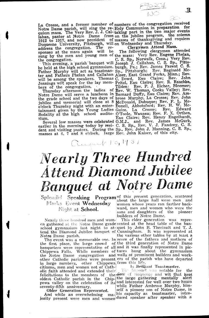  Source: Chippewa Herald-Telegram Topics: Church History Date: 1931-08-13