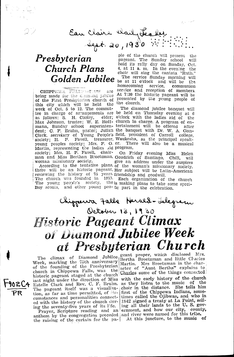  Source: Eau Claire Leader Topics: Church History Date: 1930-09-20