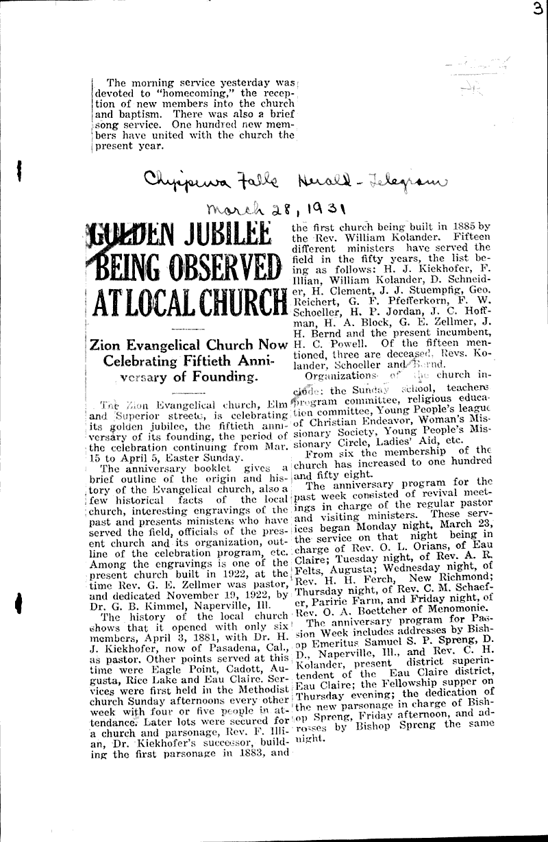  Source: Chippewa Herald-Telegram Topics: Church History Date: 1931-03-28