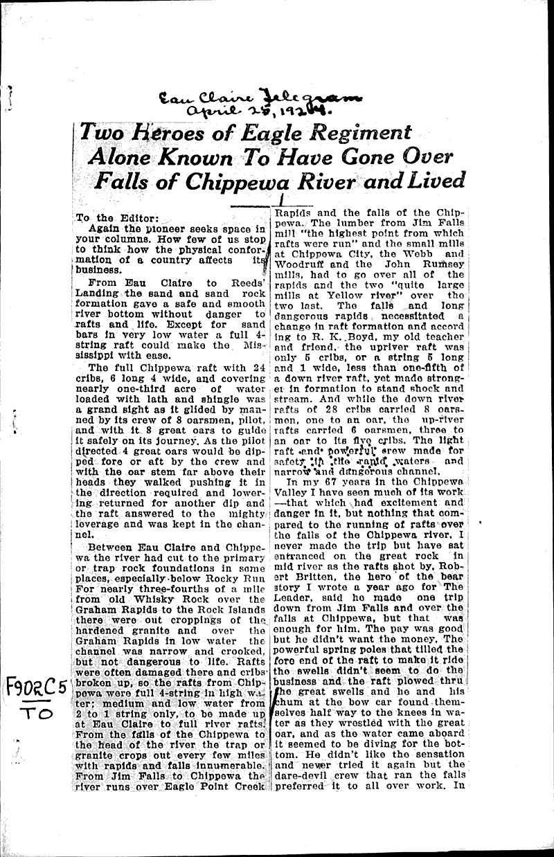  Source: Eau Claire Telegram Topics: Civil War Date: 1924-04-26
