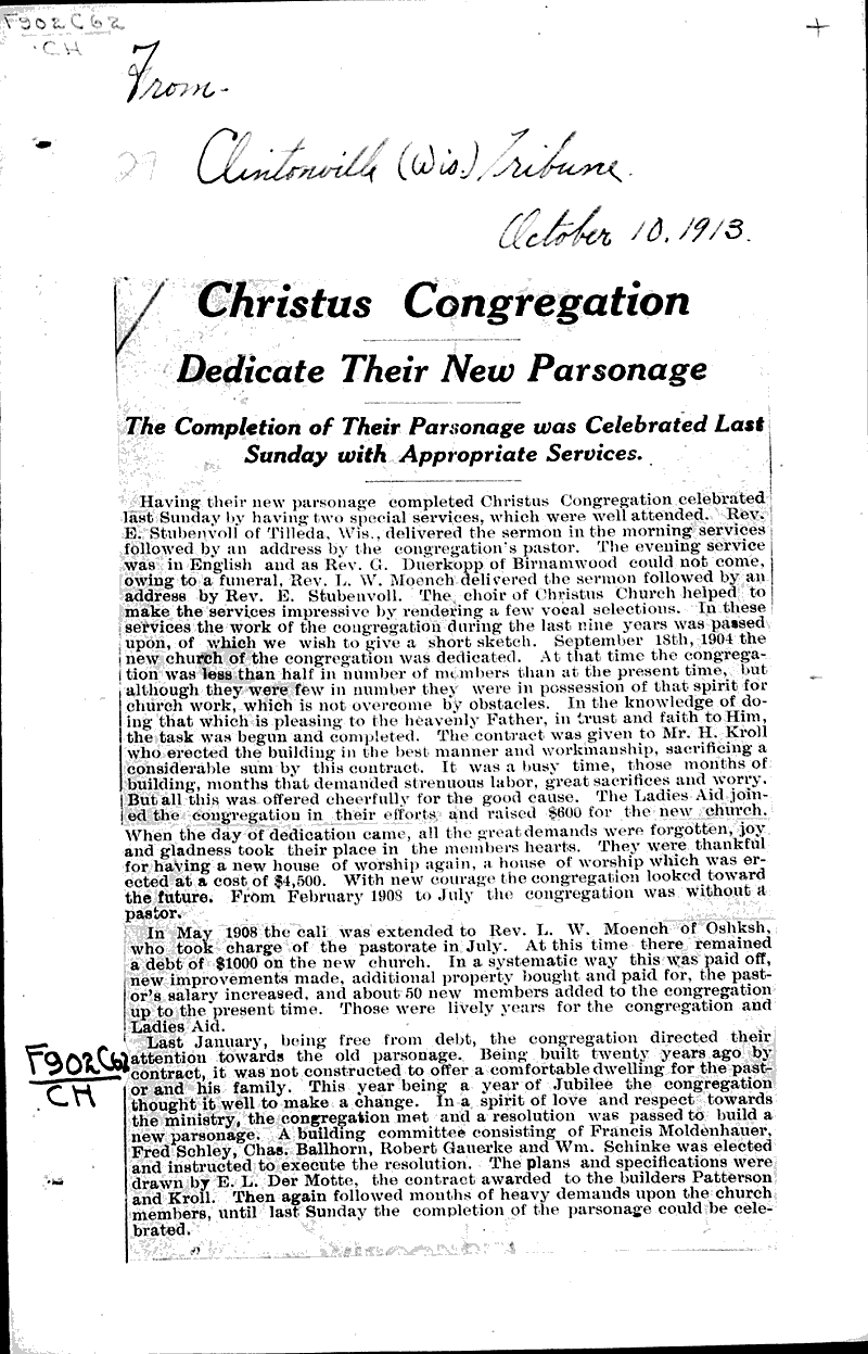  Source: Clintonville Tribune Topics: Church History Date: 1913-10-10