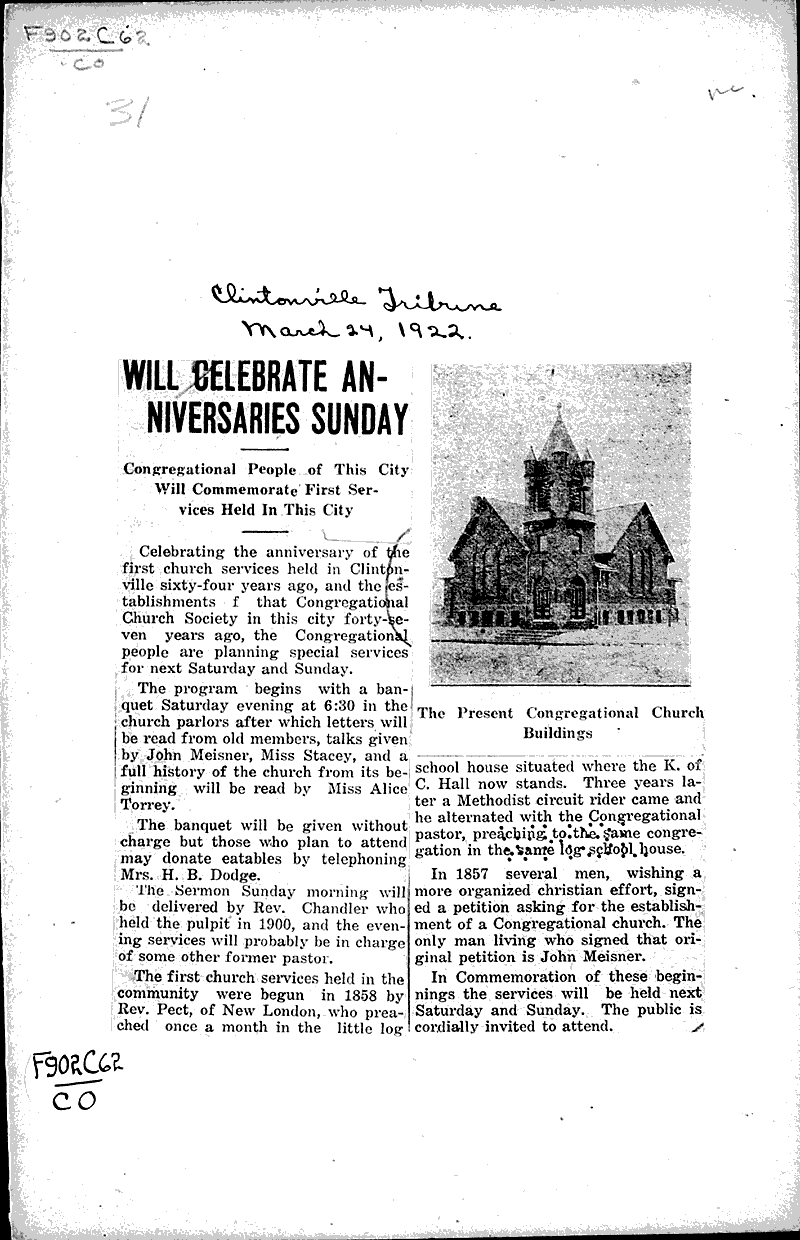  Source: Clintonville Tribune Topics: Church History Date: 1922-03-24