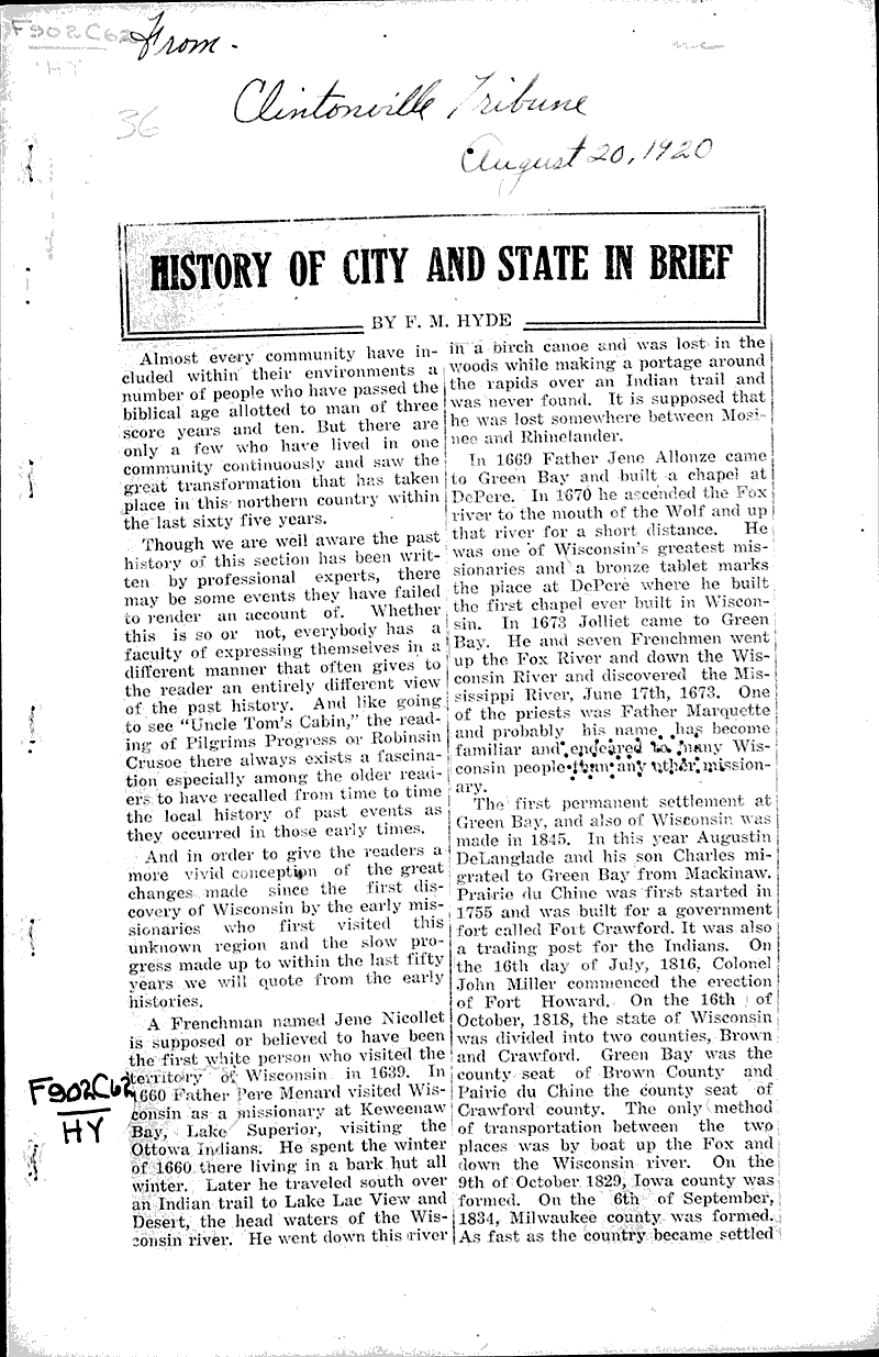  Source: Clintonville Tribune Date: 1920-08-20