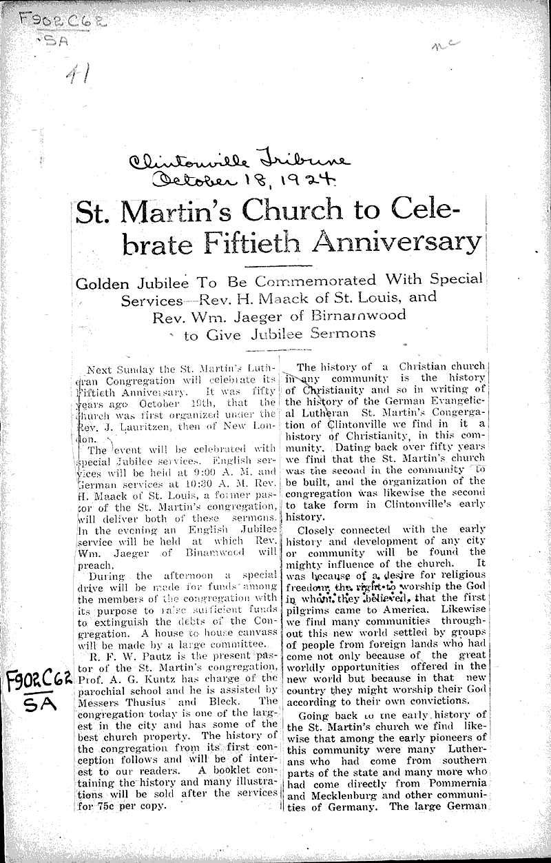  Source: Clintonville Tribune Topics: Church History Date: 1924-10-18