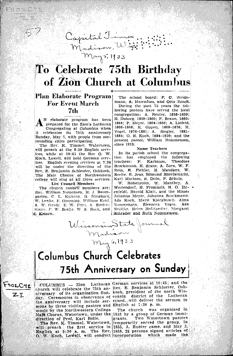  Source: Capital Times Topics: Church History Date: 1933-05-05