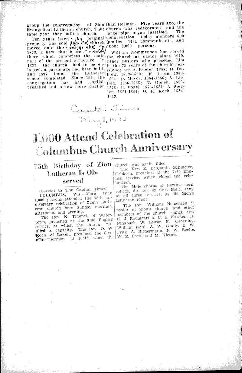  Source: Capital Times Topics: Church History Date: 1933-05-05