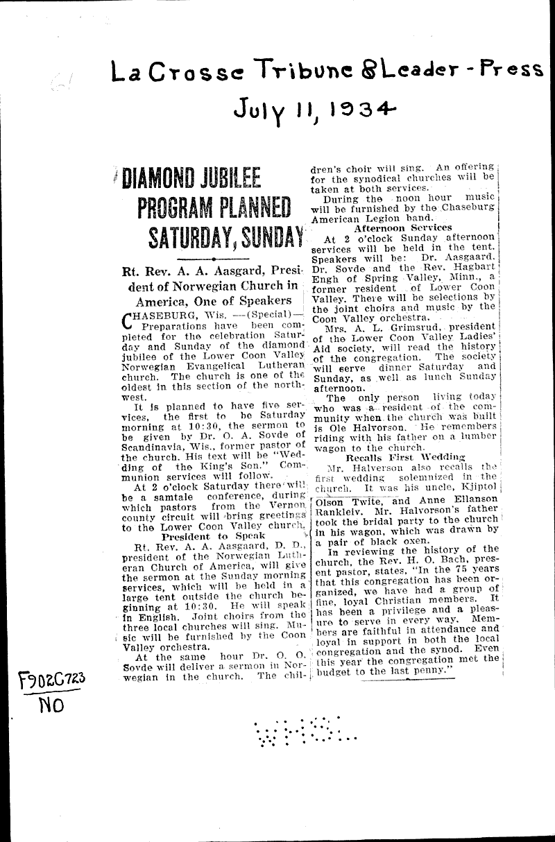  Source: La Crosse Tribune and Leader-Press Topics: Church History Date: 1934-07-11