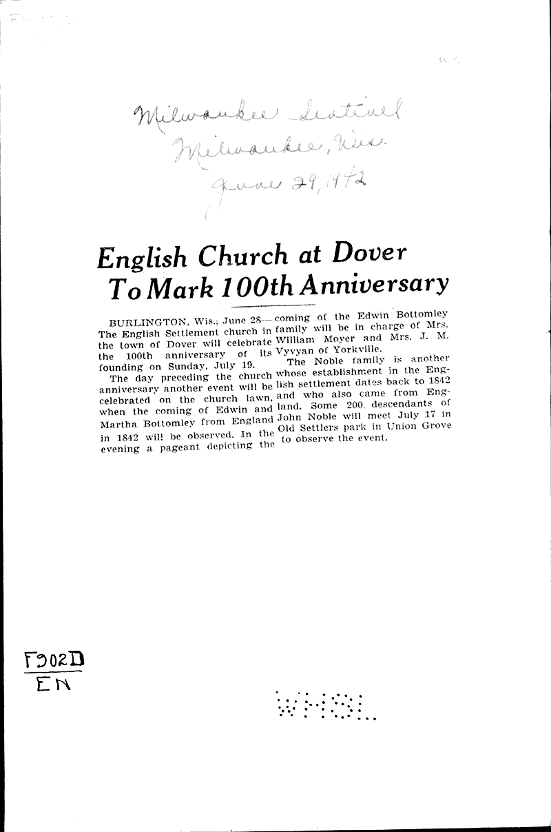  Source: Milwaukee Sentinel Topics: Church History Date: 1942-06-29
