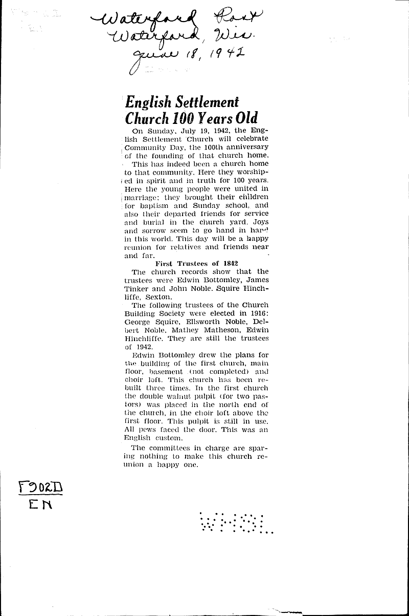  Source: Waterford Post Topics: Church History Date: 1942-06-18