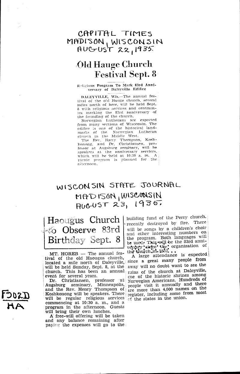  Source: Capital Times Topics: Church History Date: 1935-08-22