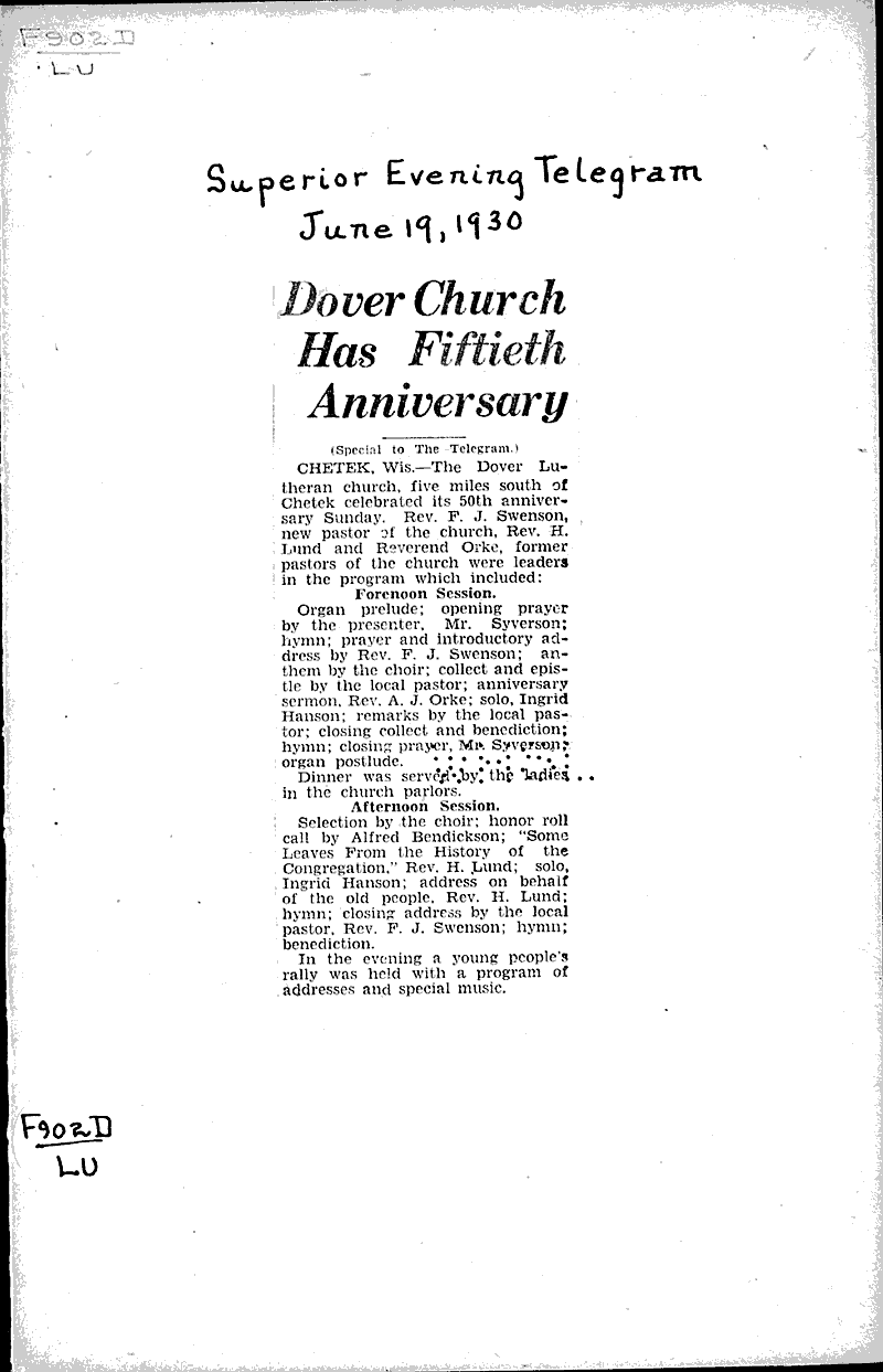  Source: Superior Evening Telegram Topics: Church History Date: 1930-06-19