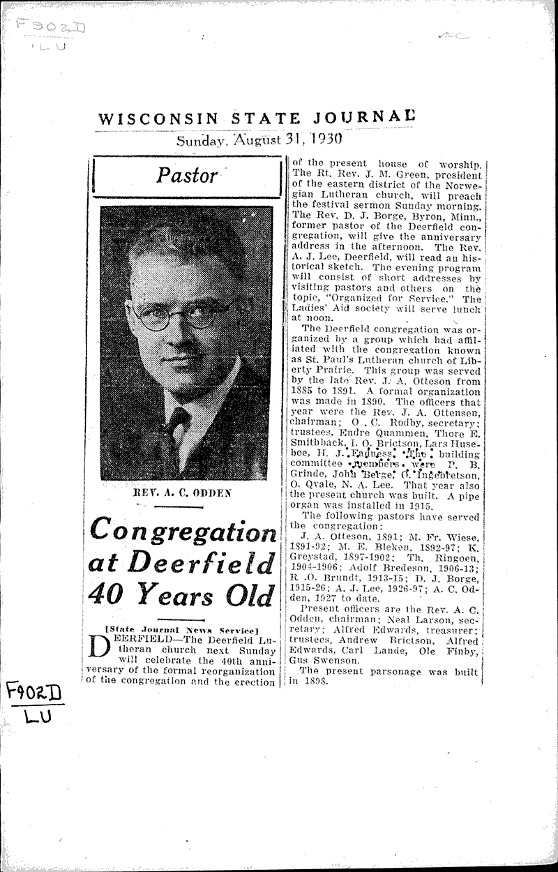  Source: Wisconsin State Journal Topics: Church History Date: 1930-08-31