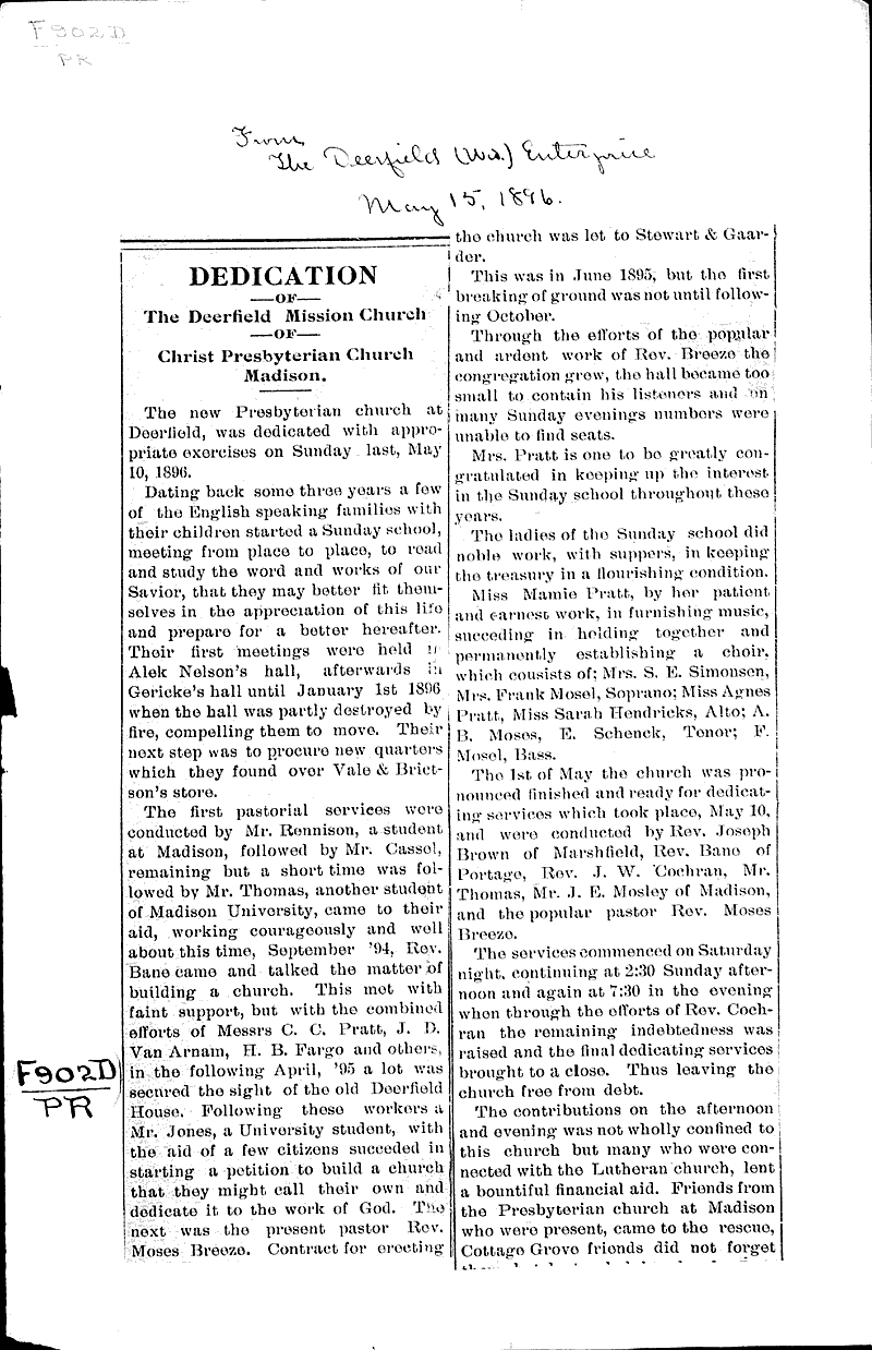  Source: Deerfield Enterprise Topics: Church History Date: 1896-05-15