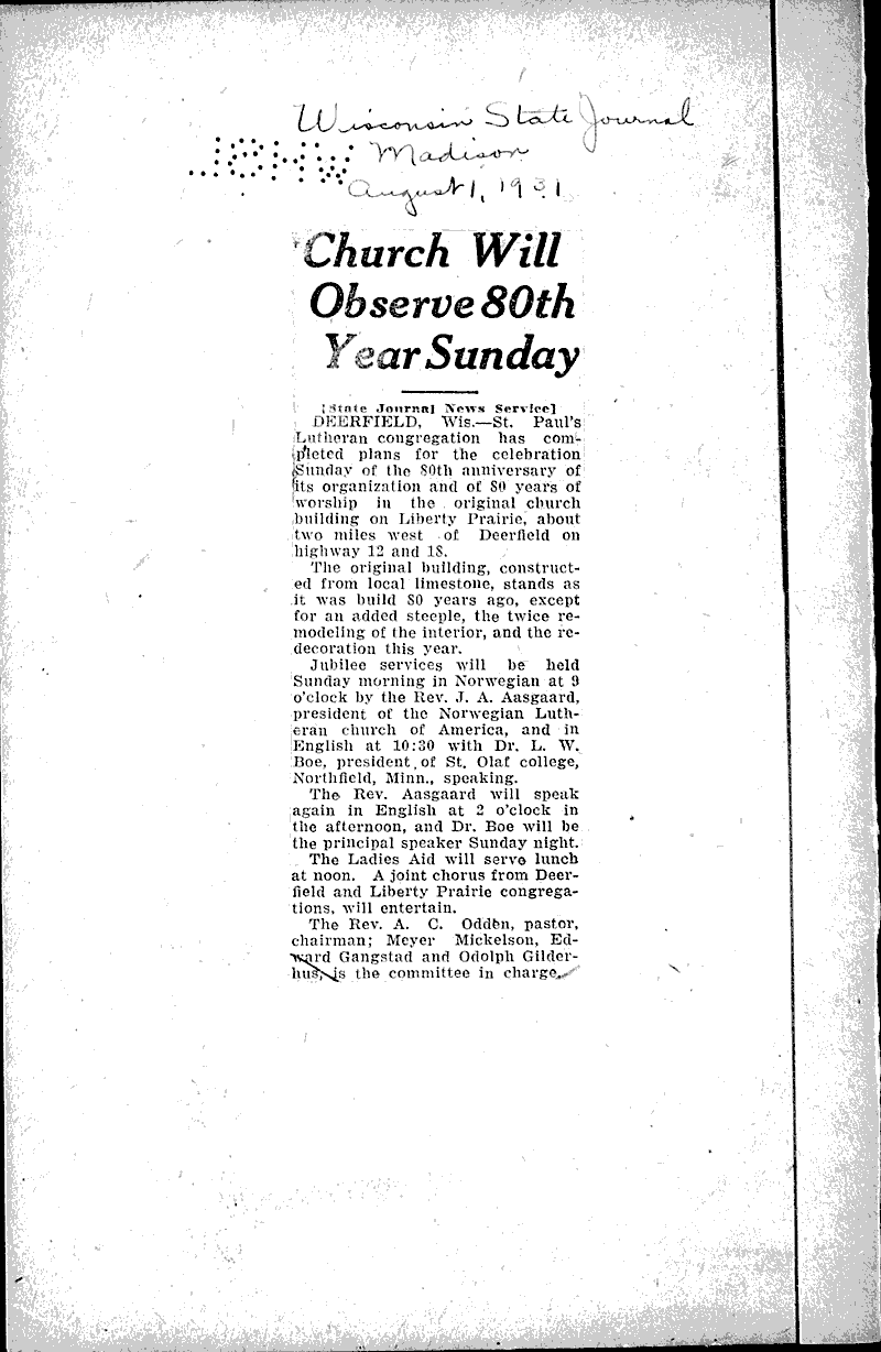  Source: Wisconsin State Journal Topics: Church History Date: 1931-08-01