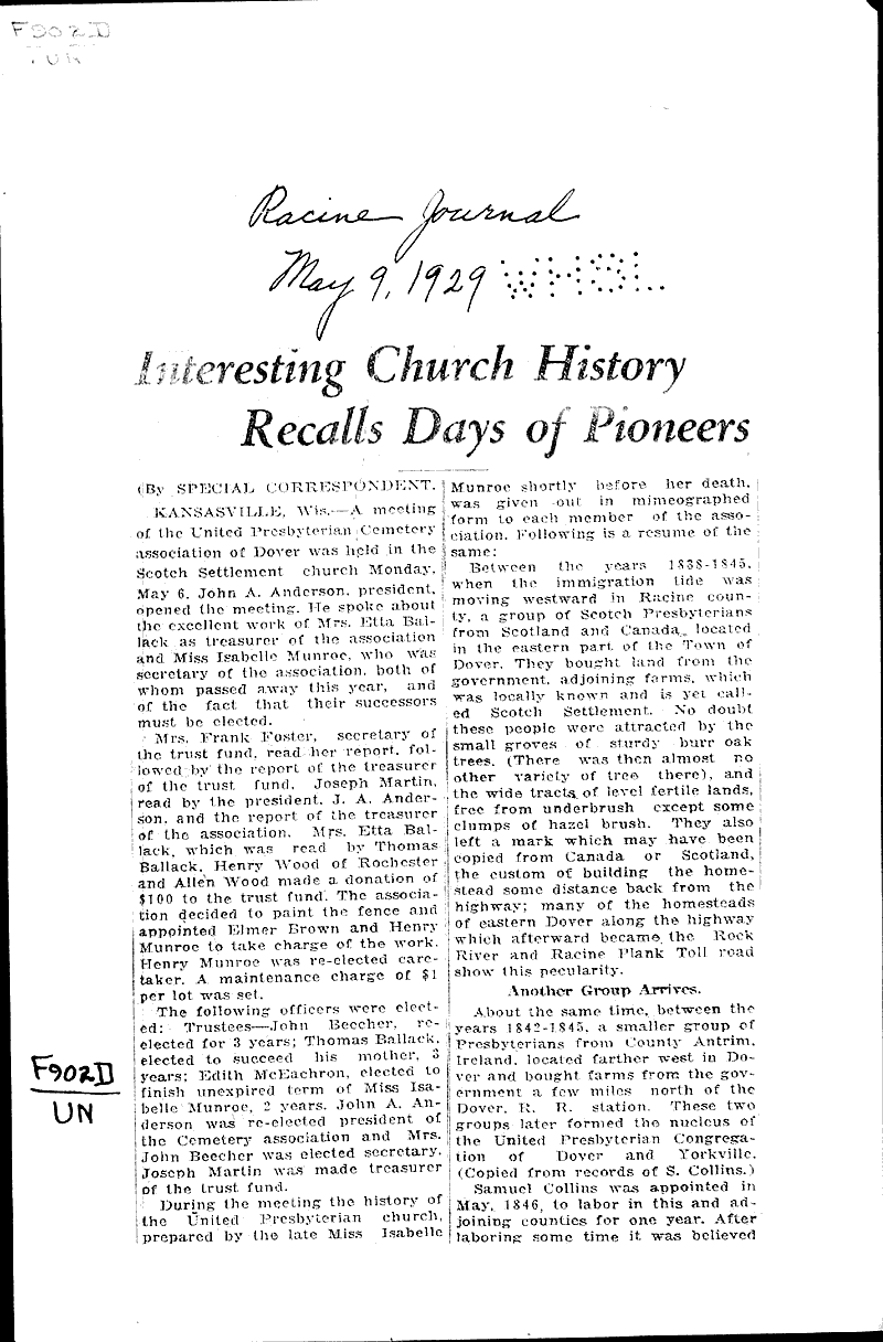  Source: Racine Journal Topics: Church History Date: 1929-05-09
