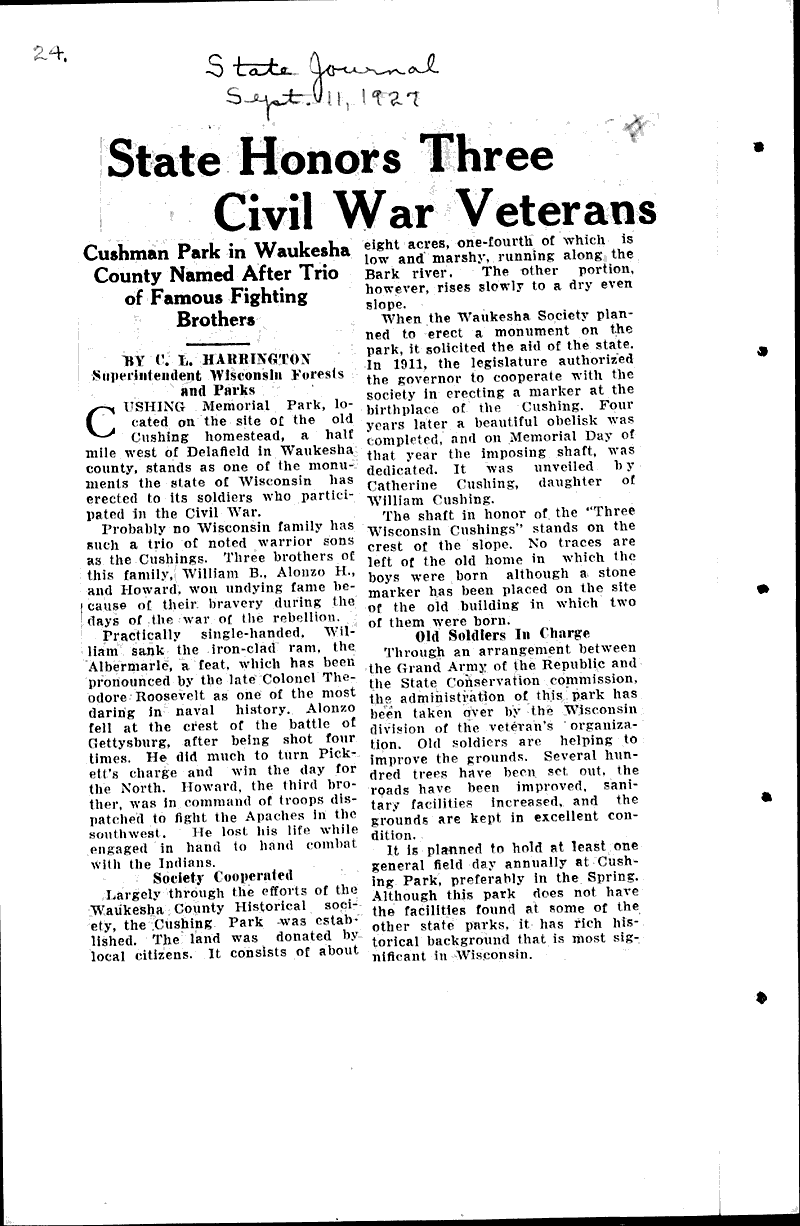  Source: Wisconsin State Journal Topics: Civil War Date: 1927-09-11