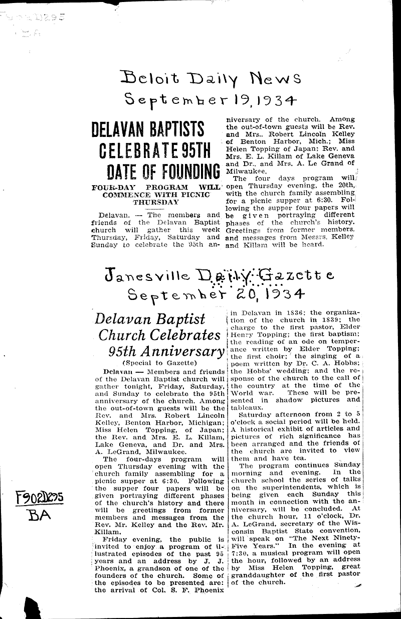 Source: Beloit Daily News Topics: Church History Date: 1934-09-19