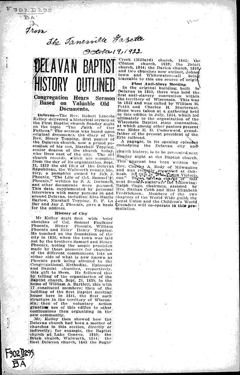  Source: Janesville Gazette Topics: Church History Date: 1922-10-19