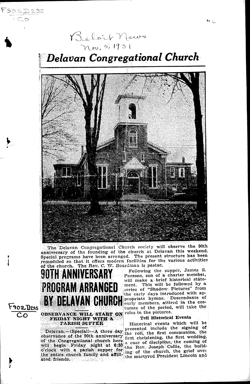  Source: Beloit News Topics: Church History Date: 1931-11-05