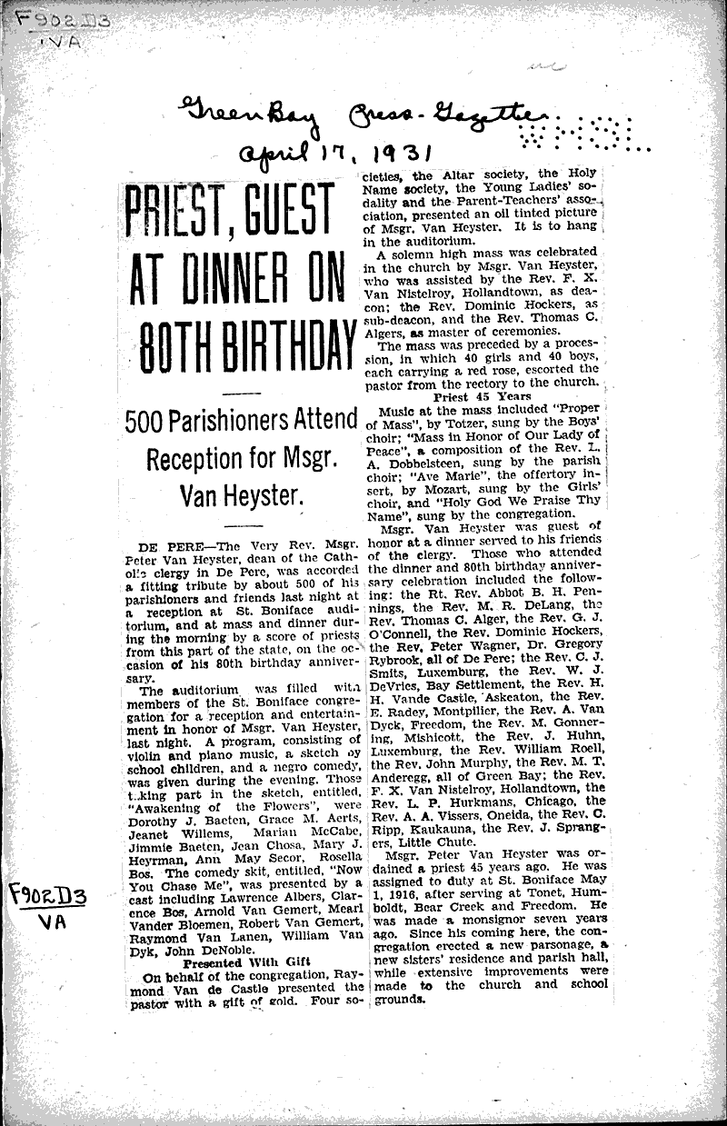  Source: Green Bay Press Gazette Topics: Church History Date: 1931-04-17