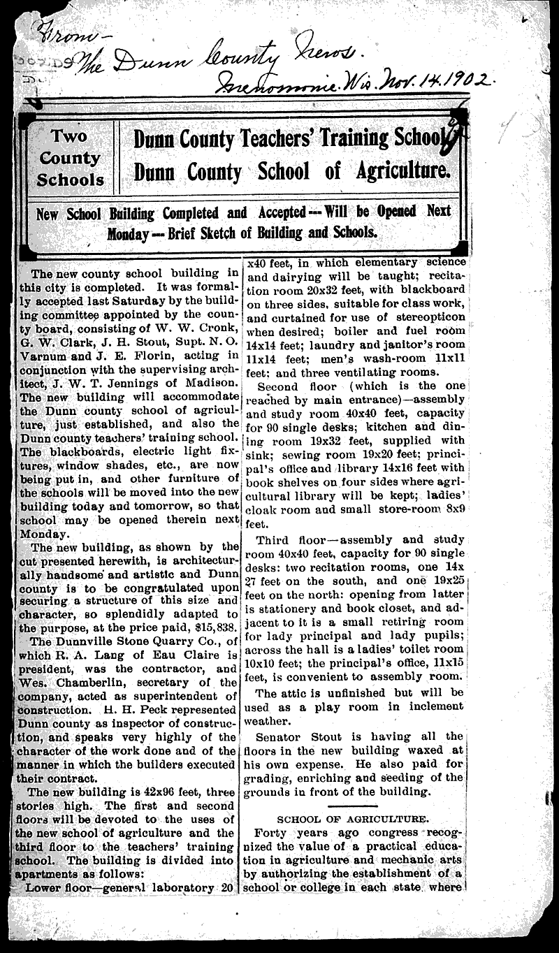  Source: Dunn County News Topics: Education Date: 1902-11-14