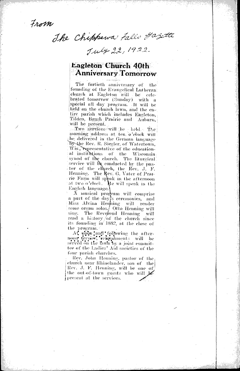  Source: Chippewa Falls Gazette Topics: Church History Date: 1922-07-20