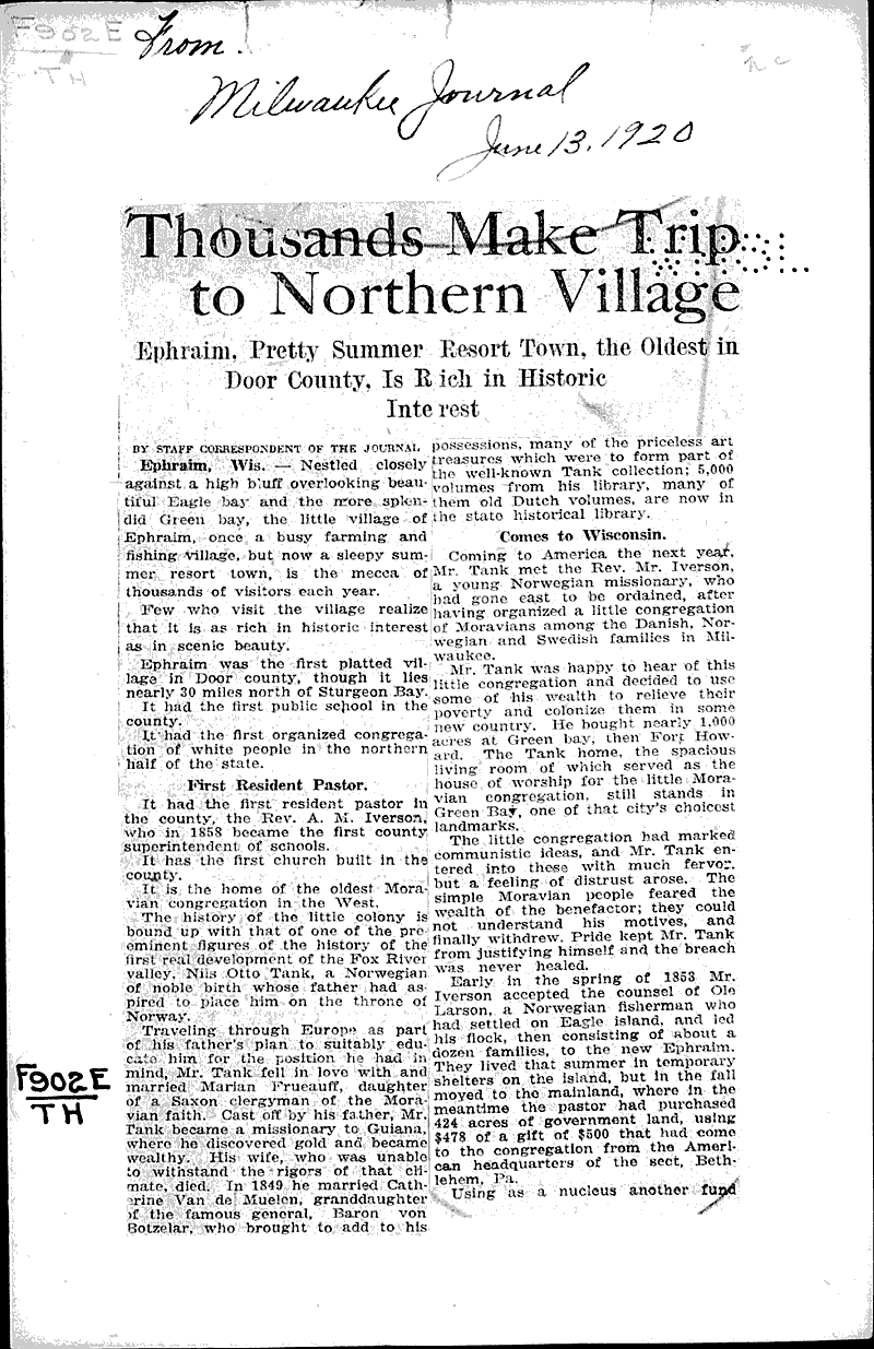  Source: Milwaukee Journal Topics: Church History Date: 1920-06-13