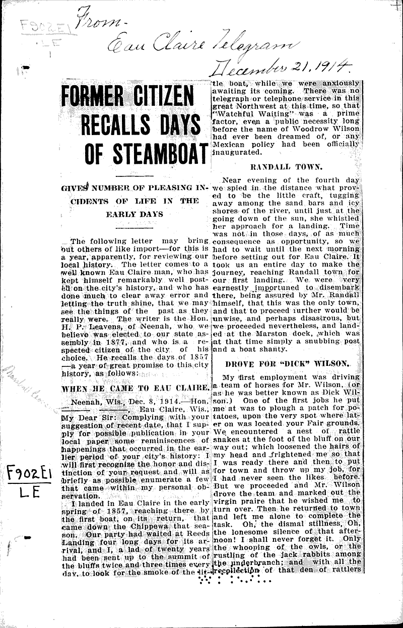  Source: Eau Claire Telegram Topics: Transportation Date: 1914-12-21