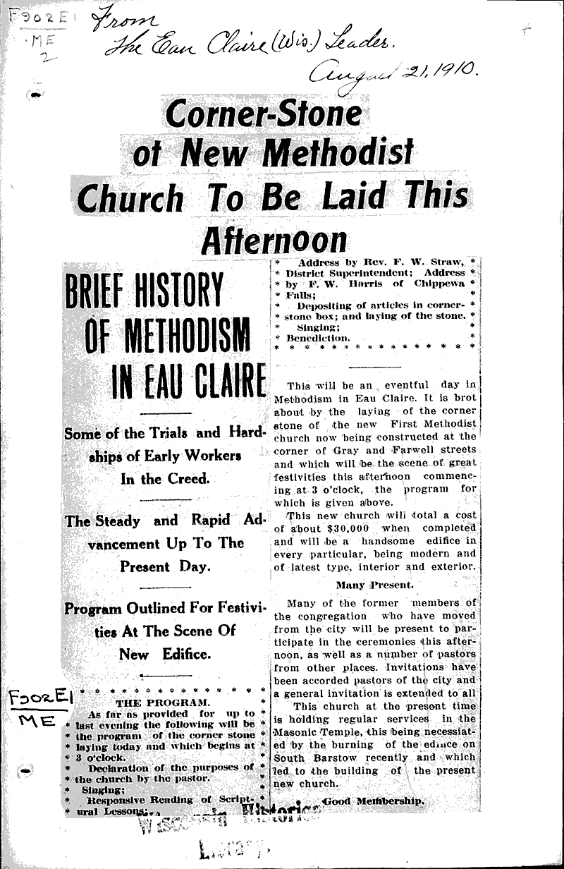  Source: Eau Claire Leader Topics: Church History Date: 1910-08-21