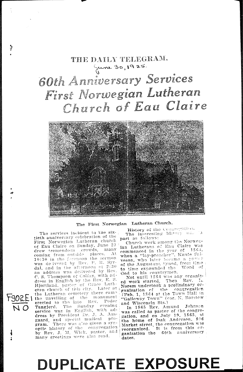  Source: Eau Claire Telegram Topics: Church History Date: 1925-06-30