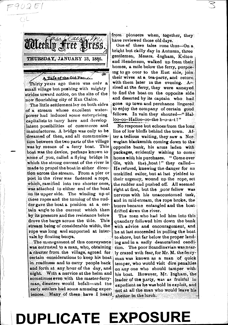  Source: Eau Claire Free Press Topics: Transportation Date: 1886-01-13