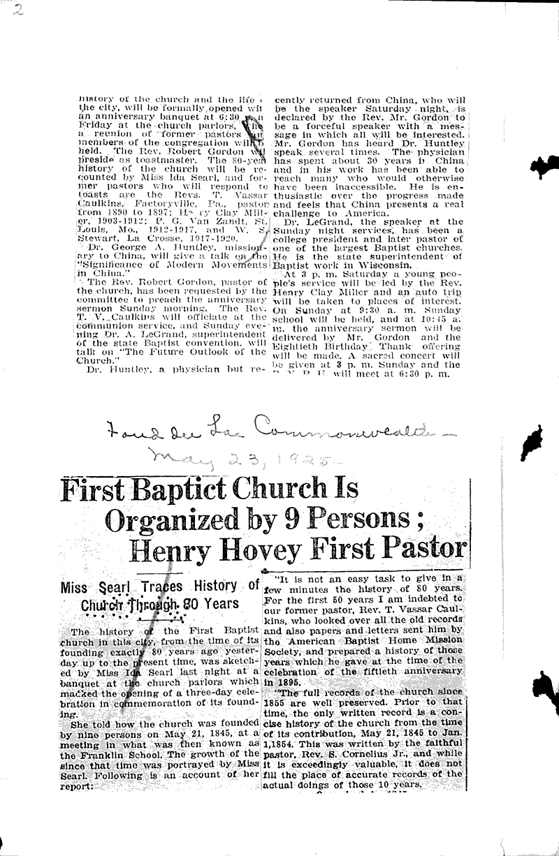  Source: Fond du Lac Daily Reporter Topics: Church History Date: 1925-05-21