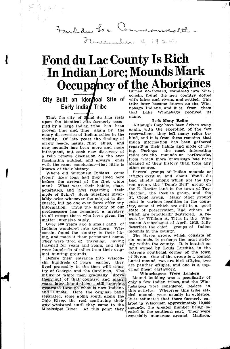 Source: Fond du Lac Commonwealth Topics: Indians and Native Peoples Date: 1924-11-04