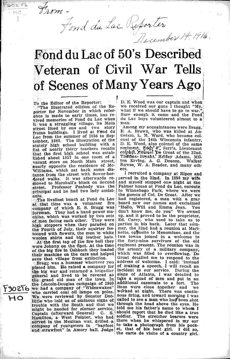 Source: Fond du Lac Daily Reporter Topics: Civil War Date: 1916-12-14
