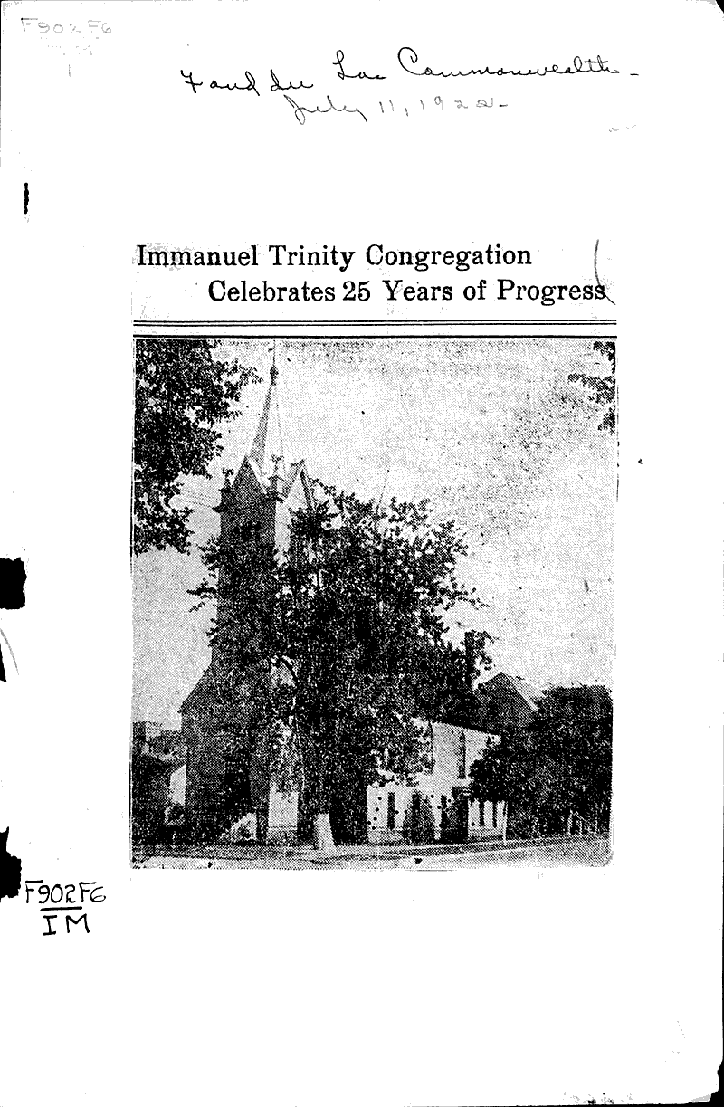  Source: Fond du Lac Commonwealth Topics: Church History Date: 1922-07-11