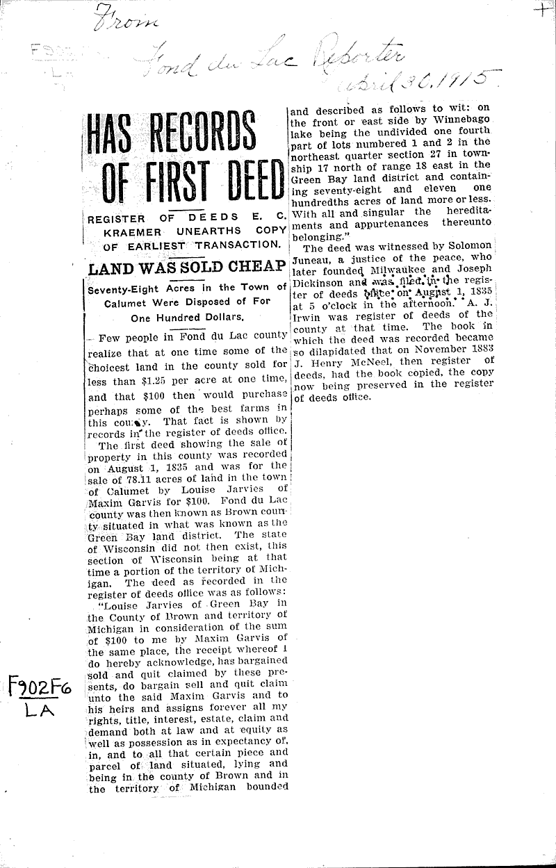  Source: Fond du Lac Daily Reporter Date: 1915-04-30