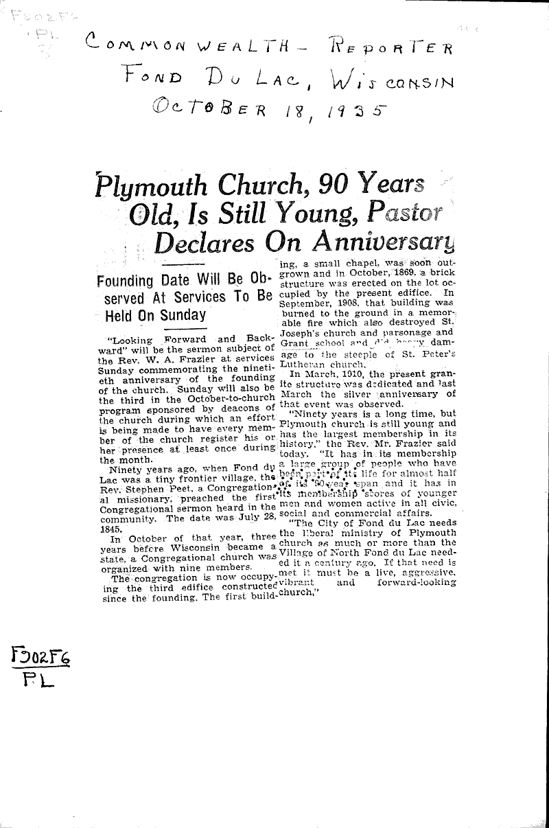  Source: Fond du Lac Commonwealth-Reporter Topics: Church History Date: 1935-10-18