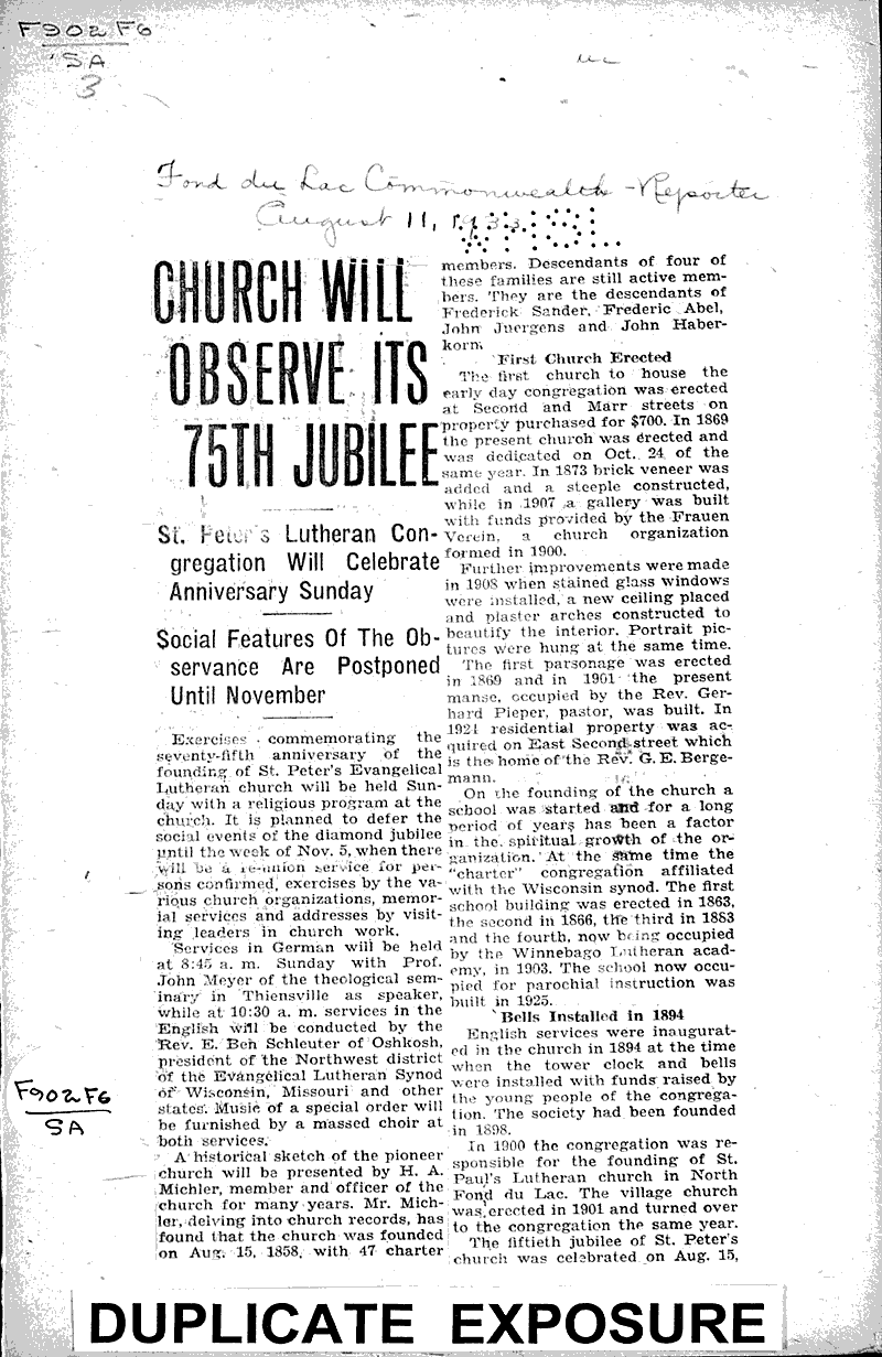  Source: Fond du Lac Commonwealth-Reporter Topics: Church History Date: 1933-08-11