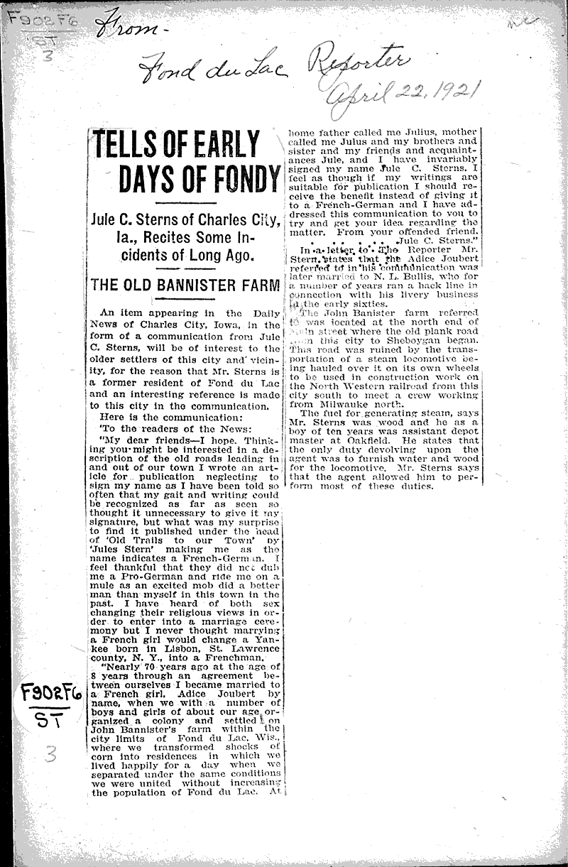  Source: Fond du Lac Daily Reporter Date: 1921-04-22