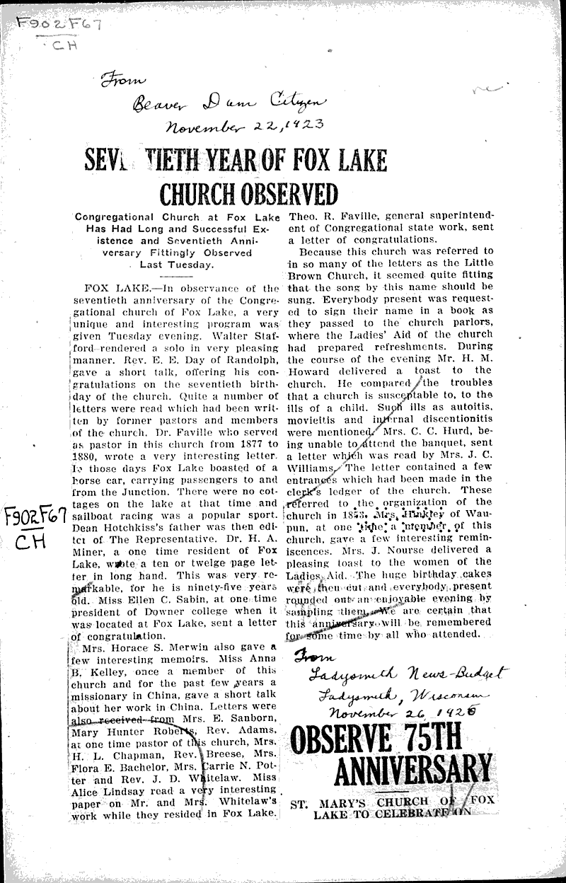  Source: Beaver Dam Daily Citizen Topics: Church History Date: 1923-11-22