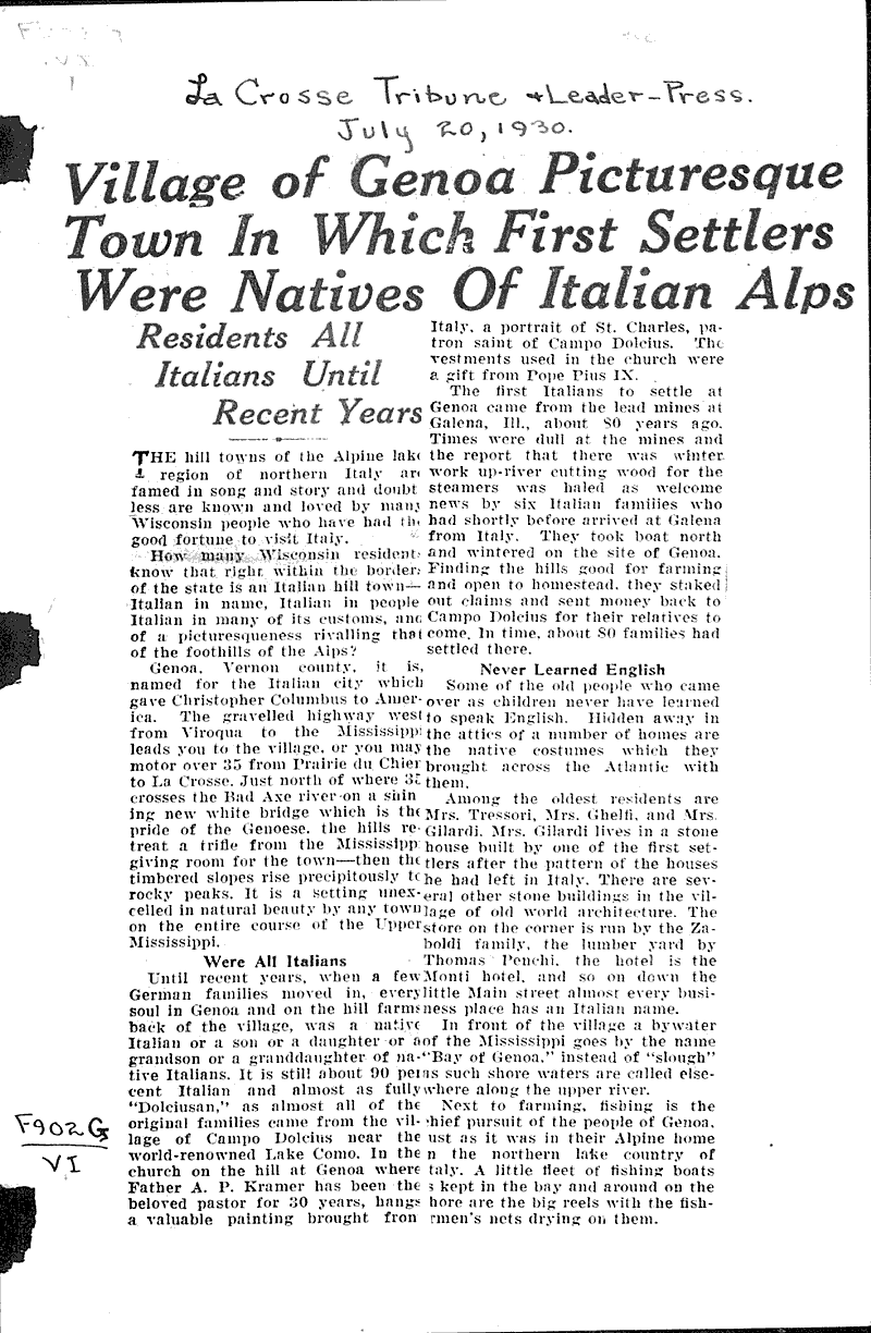  Source: La Crosse Tribune and Leader-Press Topics: Immigrants Date: 1930-07-20